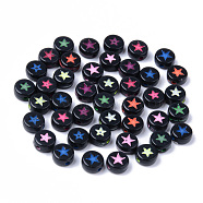 Opaque Black Acrylic Beads, Flat Round with Mixed Color Star, 7x3.5mm, Hole: 1.5mm, about 3600pcs/500g(MACR-S273-44)