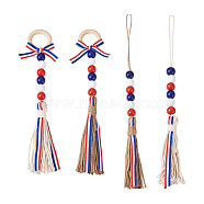 Crafans 4Pcs 2 Style Independence Day Theme Hemp Rope Tassels Pendant Decorations, with Wooden Beads, Mixed Color, 260~320mm, 4pcs/bag(HJEW-CF0001-19)
