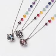 Brass Cage Pendant Necklaces, with Brass Round Smooth Chime Ball Beads, Gemstone Beads and Stainless Steel Chain, Mixed Color, 17.3 inch(44cm)(NJEW-JN01868)