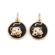Brass Enamel Pendants, Nickel Free, with Jump Ring, Real 18K Gold Plated, Flat Round with Tiger, Black, 15x13x2.5mm, Jump Ring: 6x1mm, 4mm inner diameter(KK-S356-534-NF)