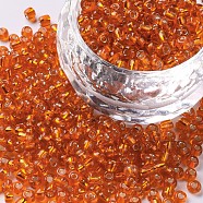 8/0 Glass Seed Beads, Silver Lined Round Hole, Round, Orange Red, 3mm, Hole: 1mm, about 2222pcs/100g(X1-SEED-A005-3mm-29)