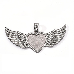 Alloy Pendant Cabochon Settings, with Crystal Rhinestone, Cadmium Free & Lead Free, Heart with Wing, Gunmetal, Tray: 26.5x32.5mm, 47.5x107.5x6mm, Hole: 15mm(PALLOY-S107-001B-RS)
