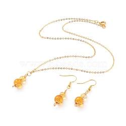 Natural Quartz Crystal Pendant Necklace & Dangle Earrings Jewelry Sets, with Copper Wire, Golden Plated Brass Earring Hooks and Cable Chains, Round, Necklace: 18.27 inch~18.89 inch(46.4~48cm), Earring: 43mm, Pin: 0.8mm(X-SJEW-JS01060-02)