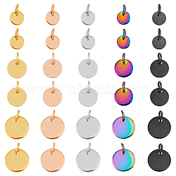 30Pcs 15 Styles 304 Stainless Steel Charms, with Jump Rings, Blank Stamping Tag, Flat Round, Mixed Color, 6~10x0.7~1mm, Hole: 3.5mm, 2pcs/style(STAS-FH0002-17)