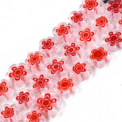 Handmade Millefiori Glass Bead Strands, Plum Bossom, Red, 9.5~12x9.5~12.5x4~4.5mm, Hole: 1.5mm, about 39pcs/strand, 15.94 inch~16.14 inch(40.5~41cm)(LAMP-N029-017D-21)