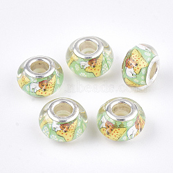 (Holiday Stock-Up Sale)Resin European Beads, Large Hole Beads, with Brass Cores, Christmas Style, Rondelle, Silver Color Plated, Dark Sea Green, 13.5~14x9~9.5mm, Hole: 5mm(RPDL-S014-22)