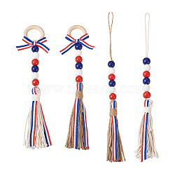 4Pcs 2 Style Independence Day Theme Hemp Rope Tassels Pendant Decorations, with Wooden Beads, Mixed Color, 260~320mm, 4pcs/bag(HJEW-CF0001-19)