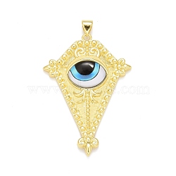 Glass Pendants, with Brass Findings, Cadmium Free & Nickel Free & Lead Free, Long-Lasting Plated, Real 18K Gold Plated, Rhombus with Eye, Aqua, 46.5x32x9mm, Hole: 4.5x3mm(KK-M229-57G-03)