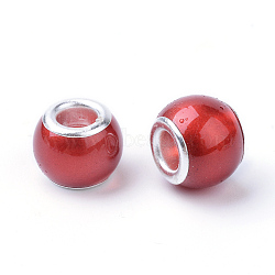Glass ABS Plastic Imitation Pearl European Beads, Large Hole Beads, Rondelle, with Silver Color Plated Brass Cores, Dark Red, 11.5~12x9~10mm, Hole: 5mm(GPDL-S036-04)