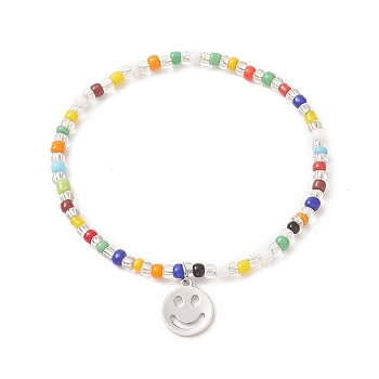 Colorful Seed Beaded Stretch Bracelet with Brass Charms for Women, Smiling Face Pattern, Inner Diameter: 2 inch(5.2cm), Pendants: 13x11x1mm