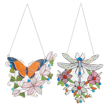 2 Sets 2 Style Acrylic Hanging Wall Decorations, with Iron Chain & Jump Ring, for Home Window Decoration, Butterfly/Dragonfly, Mixed Color, 177~201x181~205x3mm, Hole: 4.5~5mm, 1 set/style