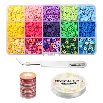 DIY Heishi Surfer Bracelet Making Kit, Including Handmade Polymer Clay Disc Beads, Tweezers, Elastic Thread, Polyester Thread, Mixed Color, Beads: 3309pcs/set