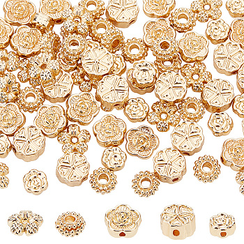 80Pcs 5 Style Rack Plating Alloy Beads, Long-Lasting Plated, Flower, Real 14K Gold Plated, 5.5~7.5xx5.5~7.5x2.5~4mm, Hole: 1~2.1mm, 16pcs/style