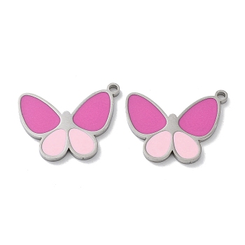304 Stainless Steel Pendants, with Enamel, Butterfly Charm, Stainless Steel Color, Hot Pink, 16.5x21x1.5mm, Hole: 1.6mm