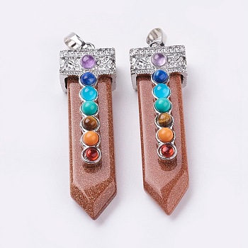 Synthetic Goldstone with Synthetic & Natural Mixed Stone Chakra Big Pendants, Sword, Platinum, 57~60x16.5x12mm, Hole: 5mm