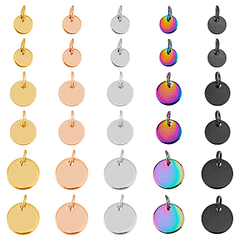 30Pcs 15 Styles 304 Stainless Steel Charms, with Jump Rings, Blank Stamping Tag, Flat Round, Mixed Color, 6~10x0.7~1mm, Hole: 3.5mm, 2pcs/style