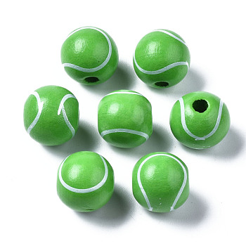 Painted Natural Wood European Beads, Large Hole Beads, Printed, Baseball, Green, 16x15mm, Hole: 4mm