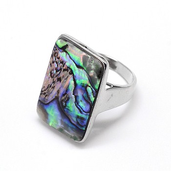Paua Shell Finger Rings, with Platinum Plated Brass Findings, Rectangle, Size 8, Colorful, 18mm