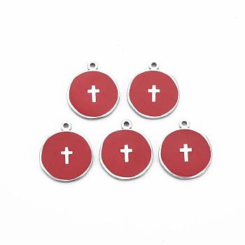 304 Stainless Steel Enamel Pendants, Stainless Steel Color, Flat Round with Cross, FireBrick, 17.5x15x1mm, Hole: 1.2mm