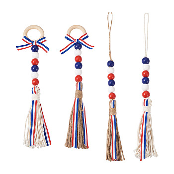 4Pcs 2 Style Independence Day Theme Hemp Rope Tassels Pendant Decorations, with Wooden Beads, Mixed Color, 260~320mm, 4pcs/bag