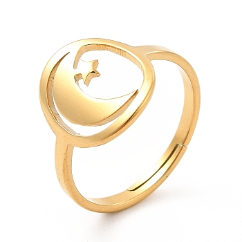 Ion Plating(IP) 201 Stainless Steel Moon & Star Adjustable Ring for Women, Real 18K Gold Plated, US Size 6 1/2(16.9mm)
