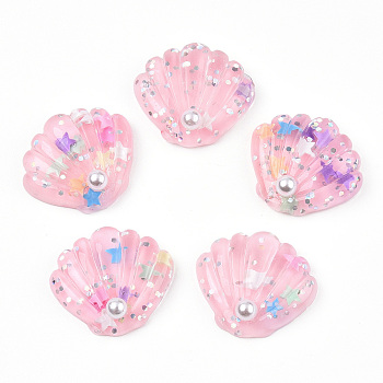 Resin Cabochons, with Paillette, Shell, Pink, 25x28~29x7mm