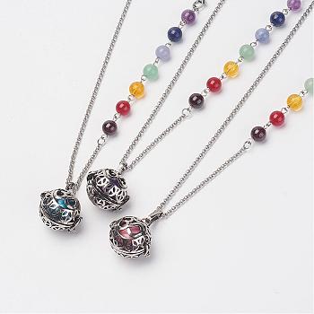 Brass Cage Pendant Necklaces, with Brass Round Smooth Chime Ball Beads, Gemstone Beads and Stainless Steel Chain, Mixed Color, 17.3 inch(44cm)