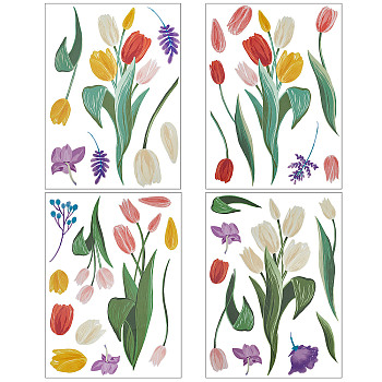 4 Sheets 4 Styles Tulip Flower PVC Waterproof Static Stickers, Electrostatic Window Decals, for Window Decoration, Colorful, 295x197x0.3mm, Sticker: 72~289x30~127mm, 1 sheet/style