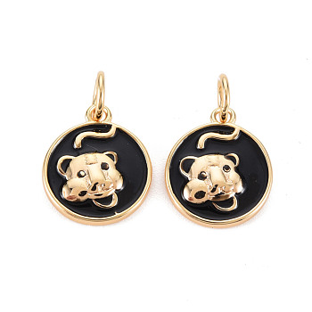 Brass Enamel Pendants, Nickel Free, with Jump Ring, Real 18K Gold Plated, Flat Round with Tiger, Black, 15x13x2.5mm, Jump Ring: 6x1mm, 4mm inner diameter