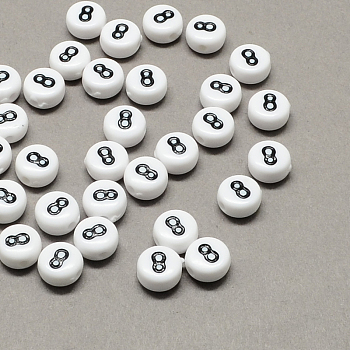 White and Black Acrylic , Flat Round with Num.8, 7x4mm, Hole: 1.3mm, about 3600pcs/500g