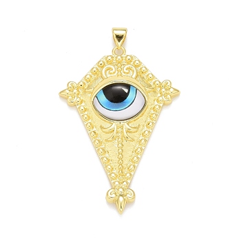 Glass Pendants, with Brass Findings, Cadmium Free & Nickel Free & Lead Free, Long-Lasting Plated, Real 18K Gold Plated, Rhombus with Eye, Aqua, 46.5x32x9mm, Hole: 4.5x3mm