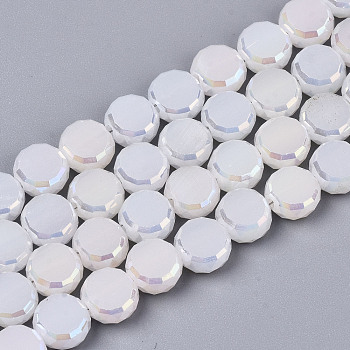 Electroplate Opaque Solid Color Glass Beads Strands, AB Color Plated, Faceted Flat Round, White, 8x4mm, Hole: 1.5mm, about 99~101pcs/strand, 27.76 inch~28.94 inch, (70.5cm~73.5cm)