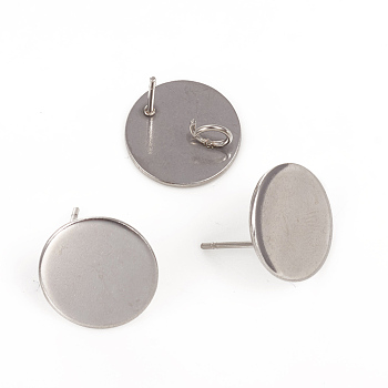 304 Stainless Steel Stud Earring Findings, Flat Round, Stainless Steel Color, 15mm, Hole: 4mm, Pin: 0.7mm