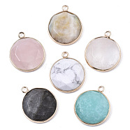 Natural Mixed Gemstone Pendants, with Light Gold Plated Brass Edge, Mixed Dyed and Undyed, Half Round, Faceted, 25.5x21.5x5.5~6.5mm, Hole: 2.5mm(G-N326-30)