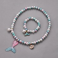 Plastic Imitation Pearl Stretch Bracelets and Necklace Jewelry Sets, with Mermaid Tail Shape Resin Pendants and Alloy Enamel Pendants, Whale Tail Shape, Shell, Sky Blue, 1-5/8 inch(4cm), 15.7 inch(40cm)(SJEW-JS01053-01)
