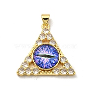 Real 18K Gold Plated Brass Pendants, with Glass and Acrylic, Triangle With Evil Eye Charms, Mauve, 27x28x7mm, Hole: 4x3.5mm(KK-L209-007G-09)