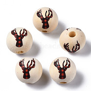 Unfinished Natural Wood European Beads, Large Hole Beads, Printed, Round with Reindeer, Old Lace, 16x15mm, Hole: 4mm(WOOD-S057-033)