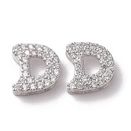 925 Sterling Silver Micro Pave Cubic Zirconia Beads, Real Platinum Plated, Letter D, 9.5x9x3.5mm, Hole: 2.5x1.5mm(STER-Z005-15P-D)