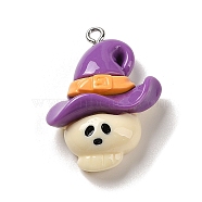 Opaque Resin Pendants, Halloween Charms with Platinum Tone Alloy Loops, Dark Orchid, Skull with Witch Hat, 31.5x23x10mm, Hole: 1.5mm(RESI-K020-03I)