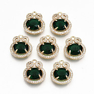 Brass Glass Rhinestone Pendants, with Micro Pave Clear Cubic Zirconia, Long-Lasting Plated, Cadmium Free & Lead Free, Flat Round, Light Gold, Emerald, 17x15x6mm, Hole: 1.5mm(GLAA-S179-26C-RS)