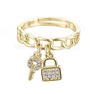 Adjustable Brass Micro Pave Clear Cubic Zirconia Finger Rings, Nickel Free, Curb Chain Shape with Padlock & Key, Real 16K Gold Plated, Inner Diameter: 17mm(RJEW-S044-142-NF)