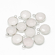 Natural Rose Quartz Pendants, with Brass Findings, Faceted, Flat Round, Platinum, Misty Rose, 19~21x15~16x6~7mm, Hole: 2mm(G-Q964-06P)