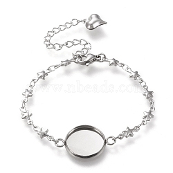 304 Stainless Steel Bracelet Making, with Lobster Claw Clasps, Star Link Chains and Flat Round Cabochon Settings, Stainless Steel Color, Tray: 14mm, 6 inch(15.3cm)(STAS-L248-008P-B)