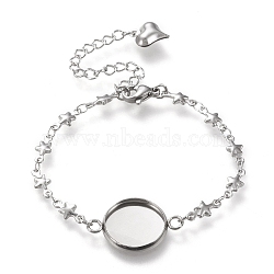 Tarnish Resistant 304 Stainless Steel Bracelet Making, with Lobster Claw Clasps, Star Link Chains and Flat Round Cabochon Settings, Stainless Steel Color, Tray: 14mm, 6 inch(15.3cm)(STAS-L248-008P-B)