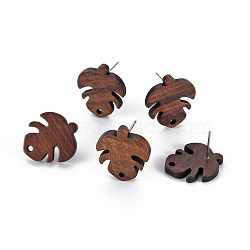 Walnut Wood Stud Earring Findings, with 304 Stainless Steel Pin, Leaf, Coconut Brown, 19.5x17.5mm, Hole: 1.6mm, Pin: 0.6mm(WOOD-S054-51)
