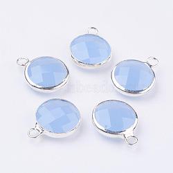 Silver Color Plated Brass Glass Flat Round Charms, Faceted, Cornflower Blue, 12x8.5x3mm, Hole: 1.5mm(GLAA-M003-A-18S)