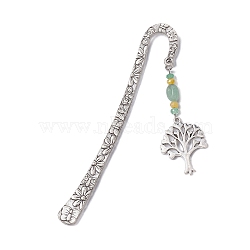 Natural Malaysia Jade & Green Aventurine Beaded Pendant Bookmarks with Alloy Tree of Life, Flower Pattern Hook Bookmarks, Antique Silver, 123.5x21x2.5mm, Pendant: 60.5x25x5.5mm(AJEW-JK00255-03)