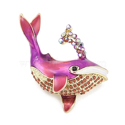 Dolphin Enamel Pins, Alloy Rhinestone Brooches for Backpack Clothes, Magenta, 38x41mm(JEWB-R053-06G-02)