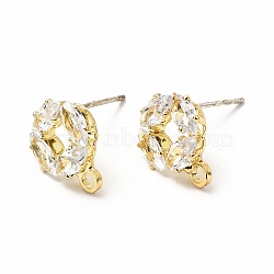 Brass Micro Pave Clear Cubic Zirconia Stud Earring Findings, with Loop, Flat Round, Golden, 11.5x9.5mm, Hole: 1.8mm, Pin: 0.7mm(ZIRC-K087-20G)