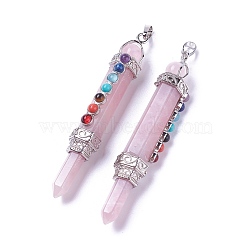 Chakra Jewelry, Natural Rose Quartz Pendants, with Brass Findings and Natural & Synthetic Mixed Stone, Hexagonal Prisms, Platinum, 84x14x16mm, Hole: 5x8mm(G-E523-01B)